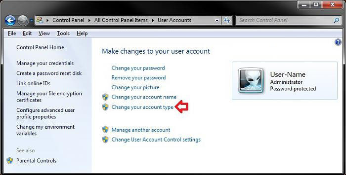 change a user account type in windows 7