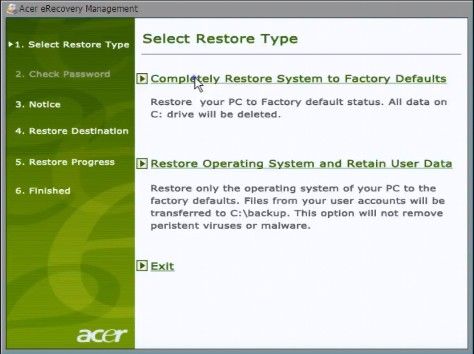 enter acer recovery partition to reset pc