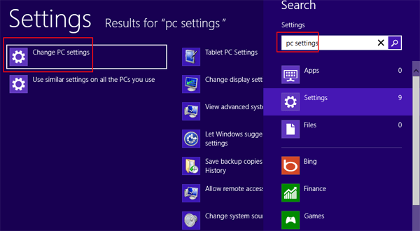 search change pc settings