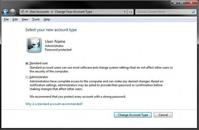 change account type from administrator to standard for windows 7
