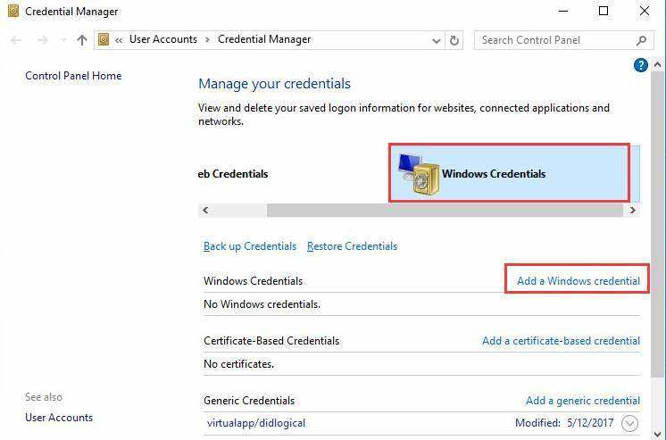 add a windows 10 credential to connect pc