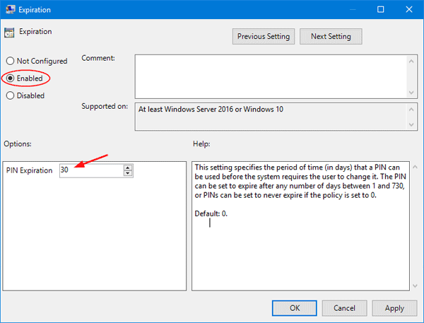 enable pin expiration in windows 10