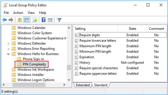  set up pin complexity group policy in windows 10