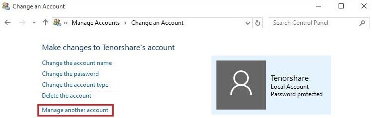 Win 10 manage another account