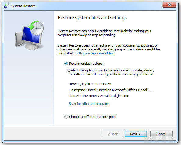 restore windows 7 files and settings from restore point