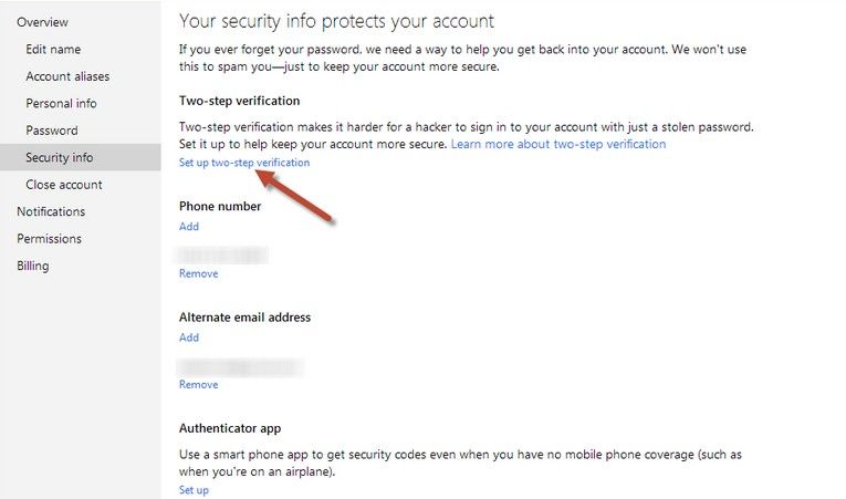 enable two step verification with microsoft account
