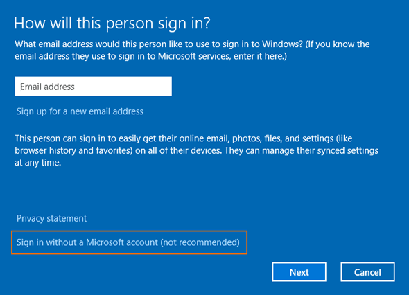 choose sign in without microsoft account