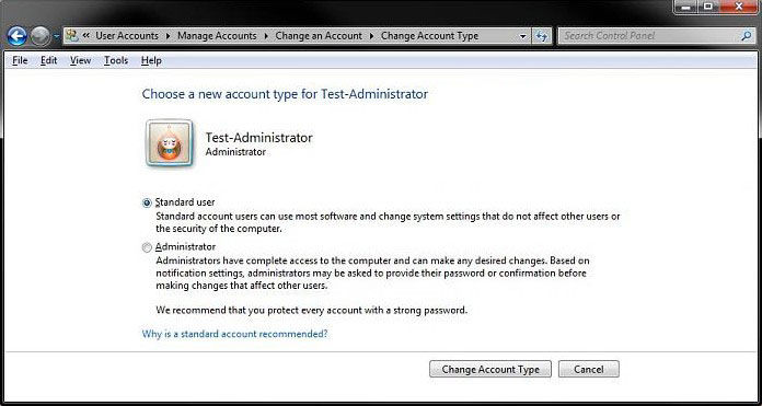 how to change a user account type in windows 7