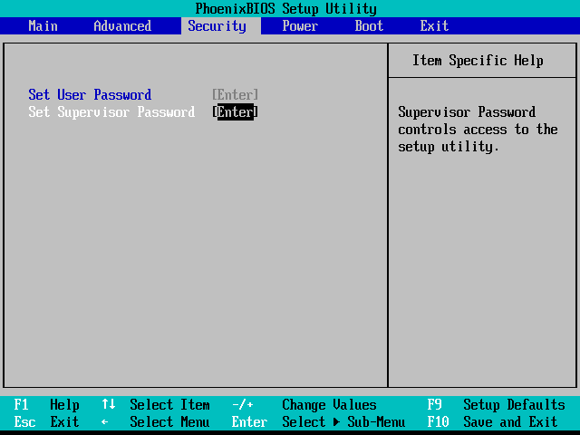 supervisor password in bios setup utility