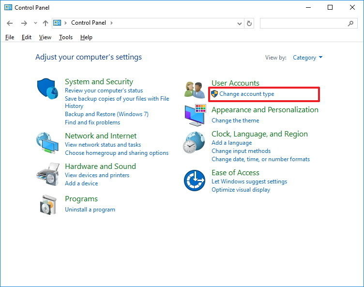 controlpanel user accounts