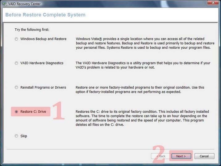 reinstall windows from recovery partition sony