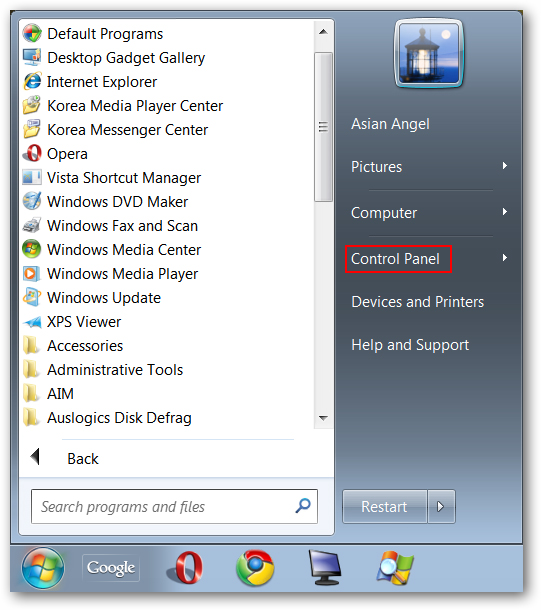 start menu control panel win7