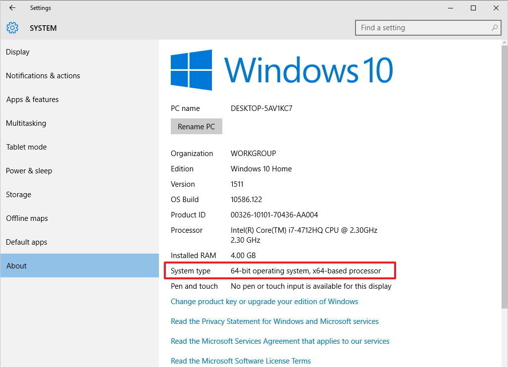 windows 10 64 bit settings