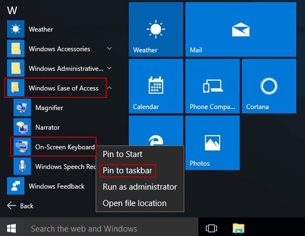 add on screen keyboard to taskbar