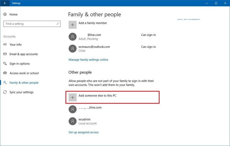 add someone else pc windows10