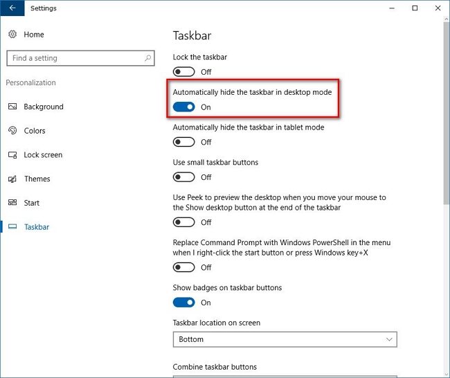 automatically hide taskbar settings