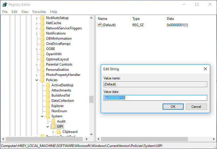 change windows 10 uipi default value