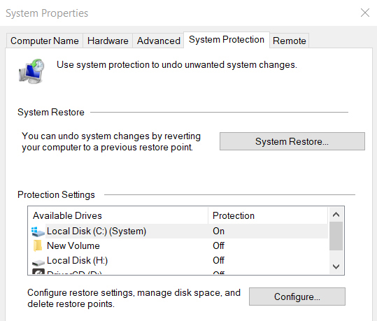 configure system restore