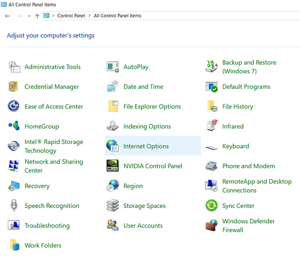 control panel options