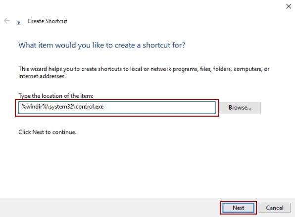 create control panel shortcut windows 10