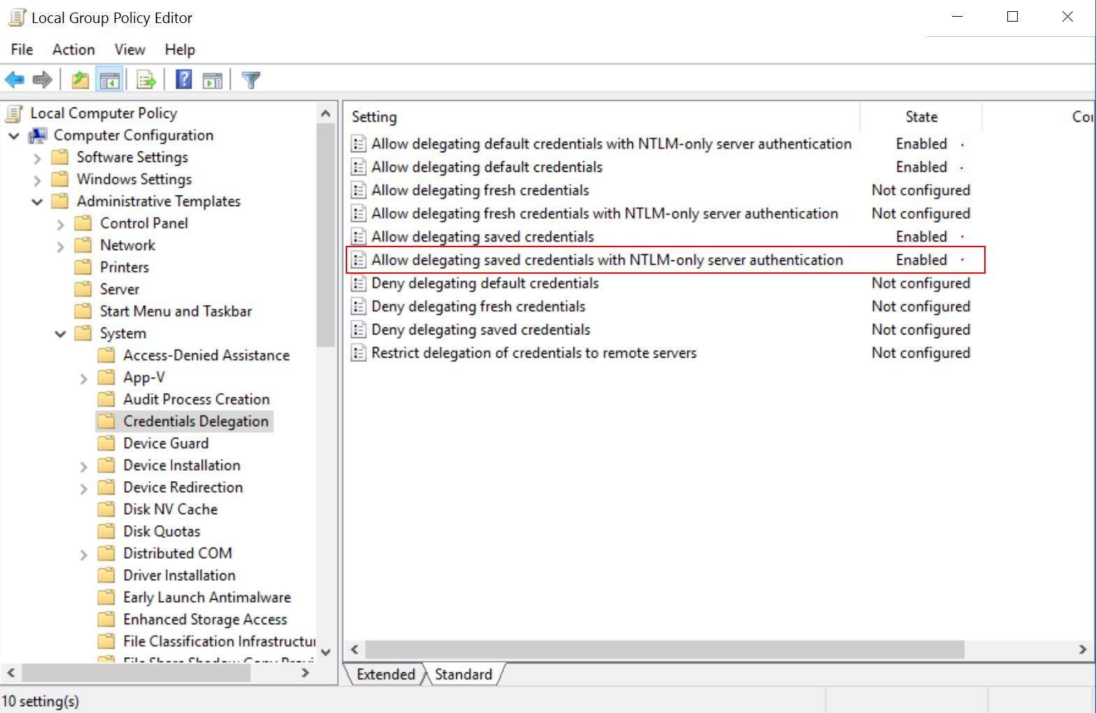 allow delegating ntlm only server authentication