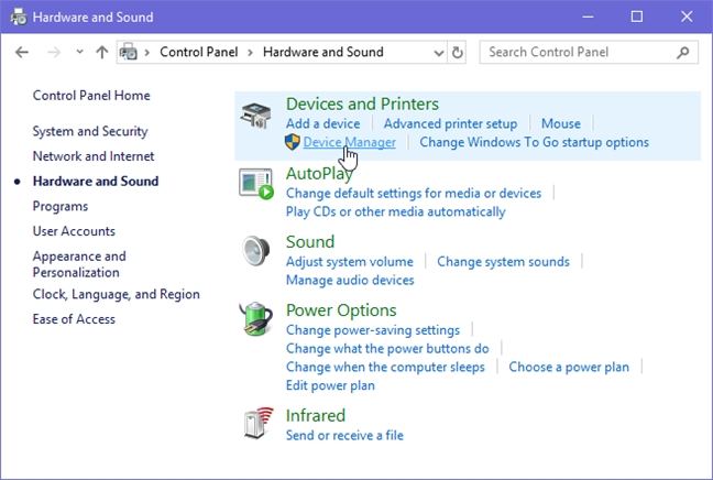 device manager under devices and printers