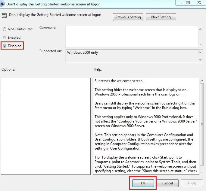 how to disable welcome screen in windows 10