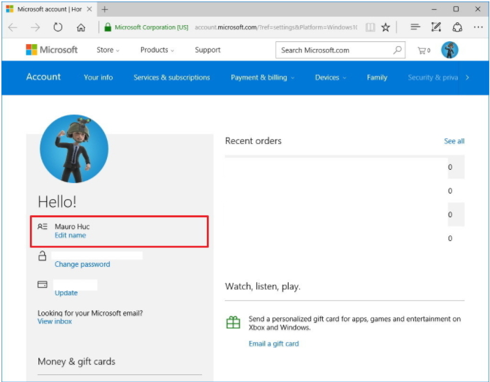 change microsoft account name in windows 10