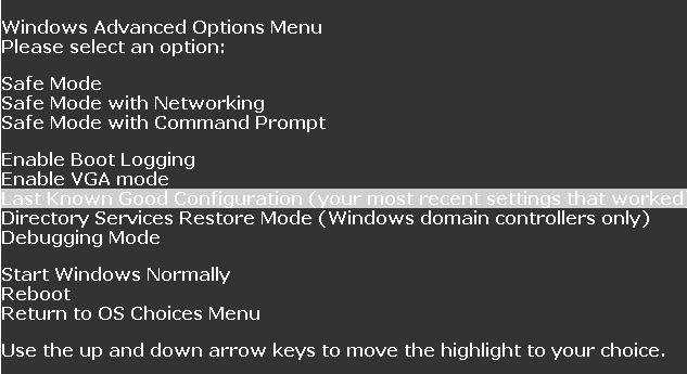 choose on last known good configuration