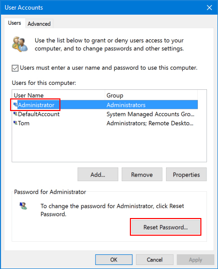 netplwiz reset password