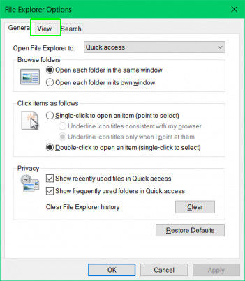 File Explorer options to open view