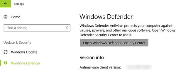 open windows defender security center