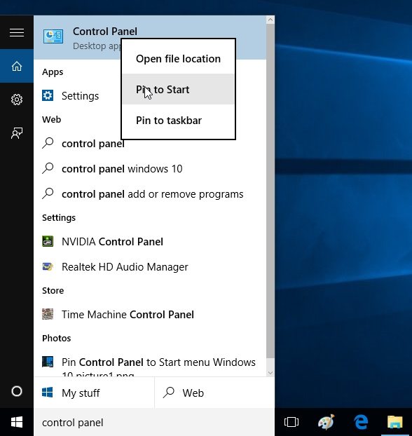 pin control panel to start menu