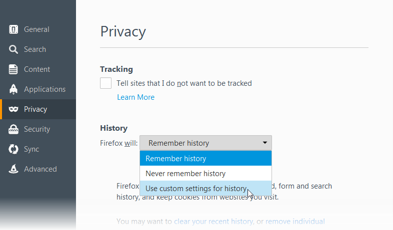 choose to use custom settings for history at privacy panel