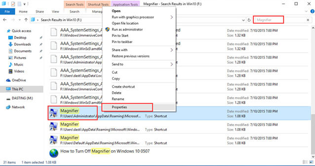 select properties to open magnifier properties