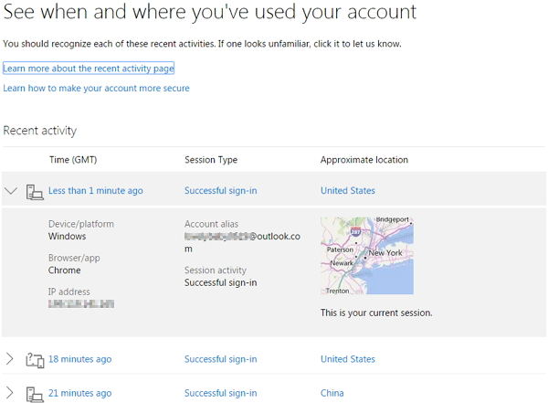 check microsoft account recent activity on windows 10