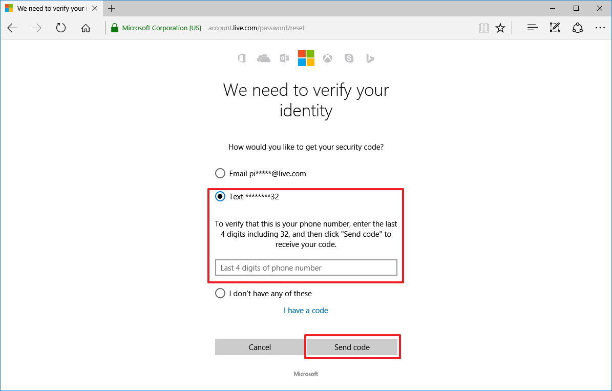 microsoft password reset using code