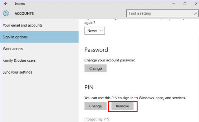 remove pin password