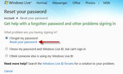 reset forgotten windows live id password