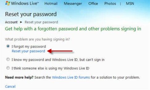 live com forgot password