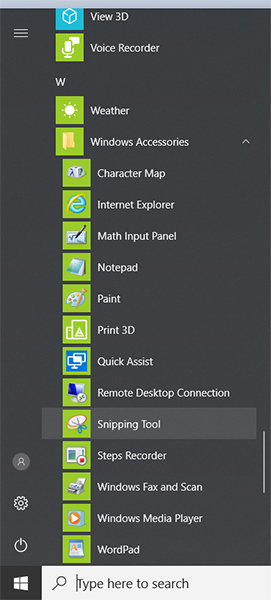 snipping tool start menu