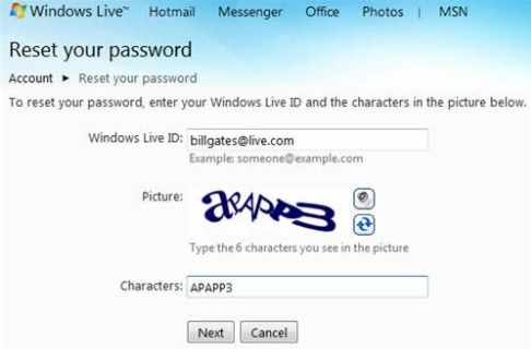 forgot windows live id password