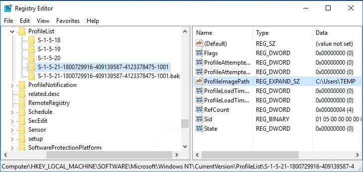 view sid registry key on profile list