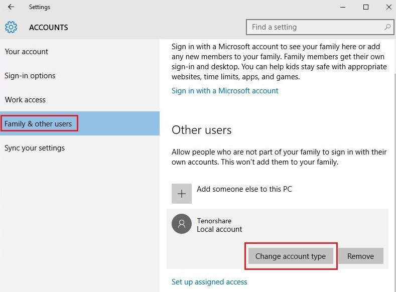 Windows 10 account in settings