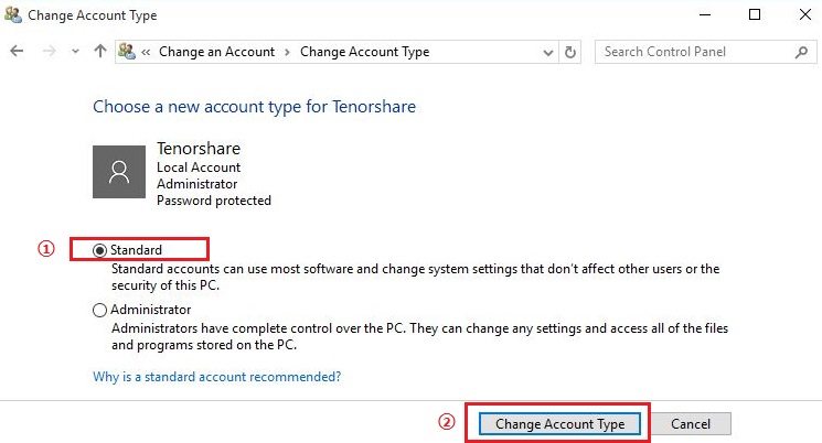 Windows 10 change new account type