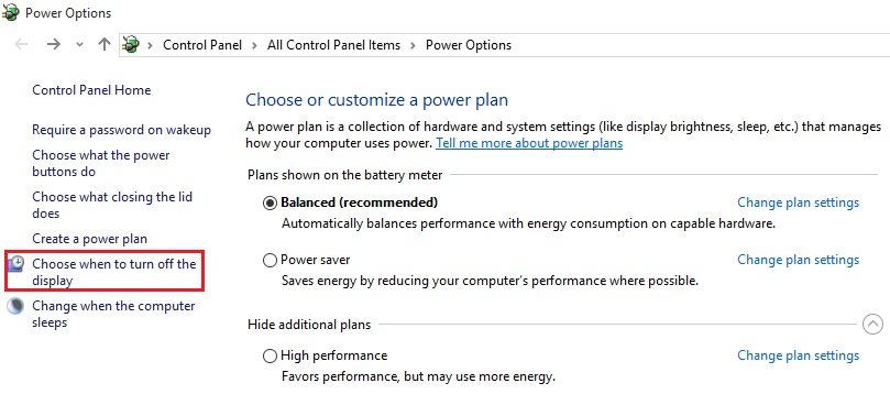 Win 10 power option