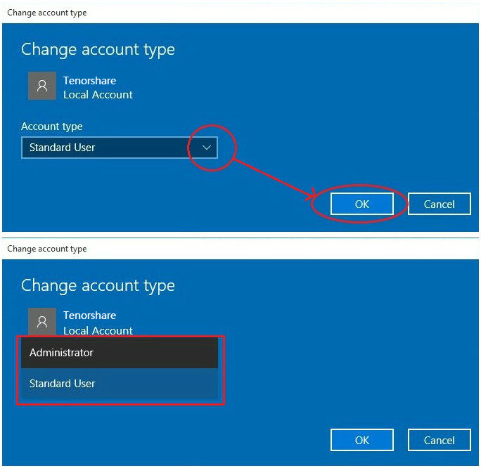 change account type windows 10