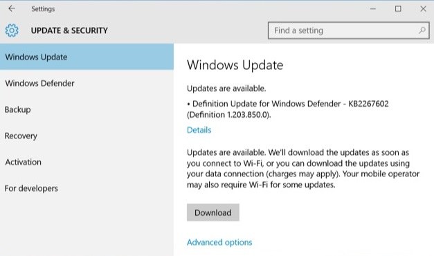 Windows Update settings in Win 10