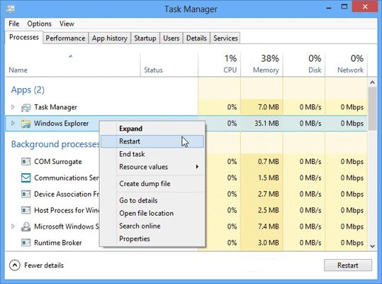 restart windows explorer on windows 8.1 task manager
