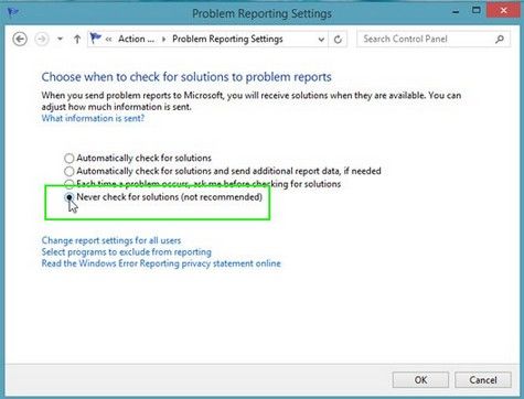 how to disable error reporting in windows 8